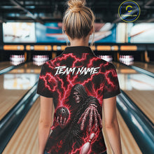 Load image into Gallery viewer, Woman wearing custom red lightning Grim Reaper bowling league team jersey quarter zip shirt featuring red lightning Grim Reaper artwork, front view.