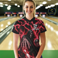 Load image into Gallery viewer, Woman wearing custom red lightning Grim Reaper bowling league team jersey polo shirt featuring red lightning Grim Reaper artwork, back view.