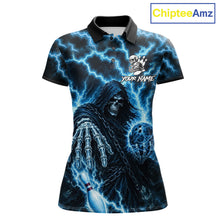 Load image into Gallery viewer, Custom blue lightning Grim Reaper bowling team jersey polo shirt for women featuring a fierce Grim Reaper with blue lightning artwork, premium custom bowling league apparel for tournaments, league play and competitive bowling teams.