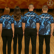 Load image into Gallery viewer, Bowling team wearing matching custom blue lightning Grim Reaper bowling team jerseys featuring premium Grim Reaper and lightning artwork, back view.