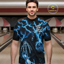 Load image into Gallery viewer, Man wearing custom blue lightning Grim Reaper bowling team jersey quarter zip shirt featuring blue lightning Grim Reaper artwork, front view.