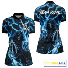 Load image into Gallery viewer, Custom blue lightning Grim Reaper bowling team jersey quarter zip shirt for women featuring bold Grim Reaper and blue lightning graphics, premium custom bowling league apparel.