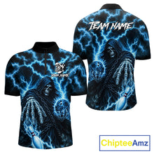 Load image into Gallery viewer, Custom blue lightning Grim Reaper bowling team jersey quarter zip shirt for men featuring bold Grim Reaper and blue lightning graphics, premium custom bowling league apparel.