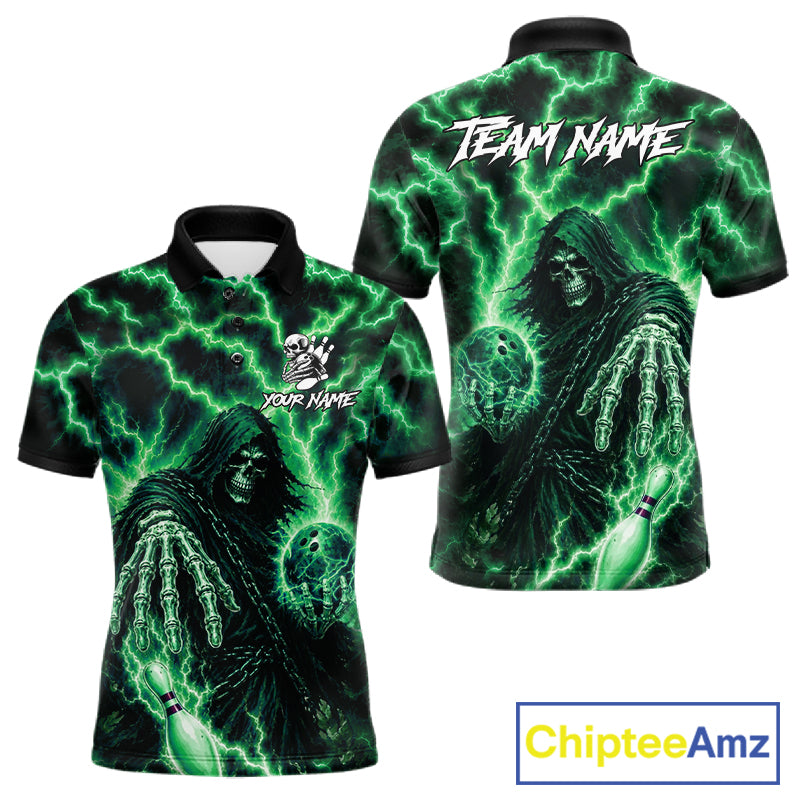 Custom Green Lightning Grim Reaper Bowling Shirts For Men, Bowling Team Jersey Polo & 1/4 Zip TDM7495
