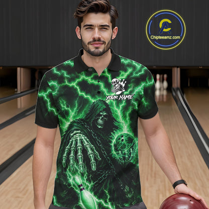 Custom Green Lightning Grim Reaper Bowling Shirts For Men, Bowling Team Jersey Polo & 1/4 Zip TDM7495