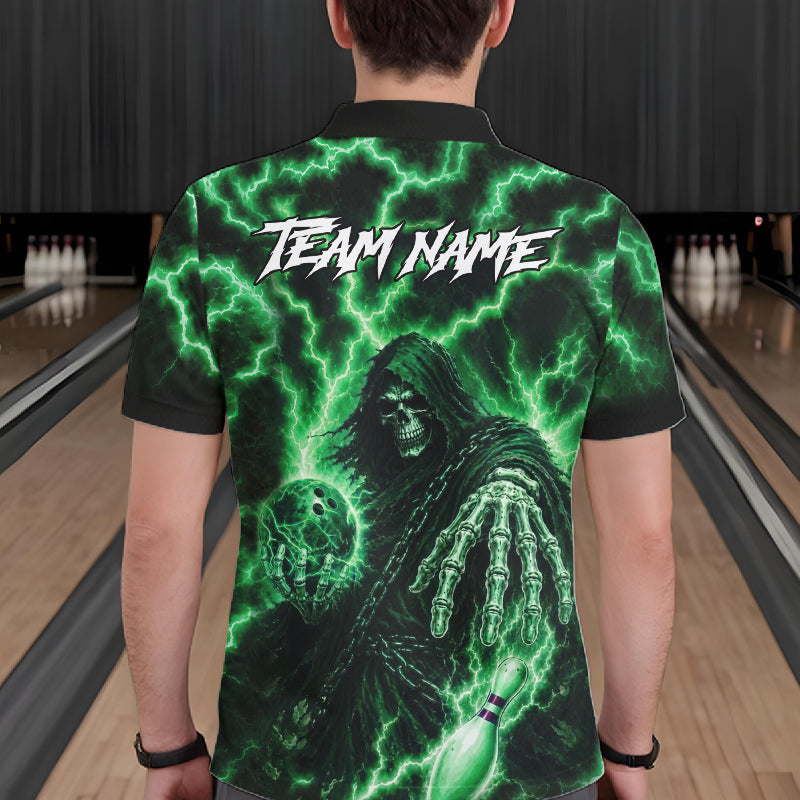 Custom Green Lightning Grim Reaper Bowling Shirts For Men, Bowling Team Jersey Polo & 1/4 Zip TDM7495