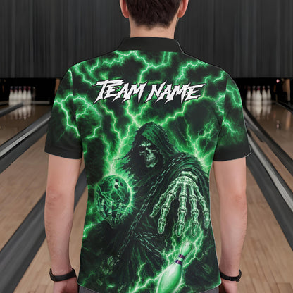 Custom Green Lightning Grim Reaper Bowling Shirts For Men, Bowling Team Jersey Polo & 1/4 Zip TDM7495