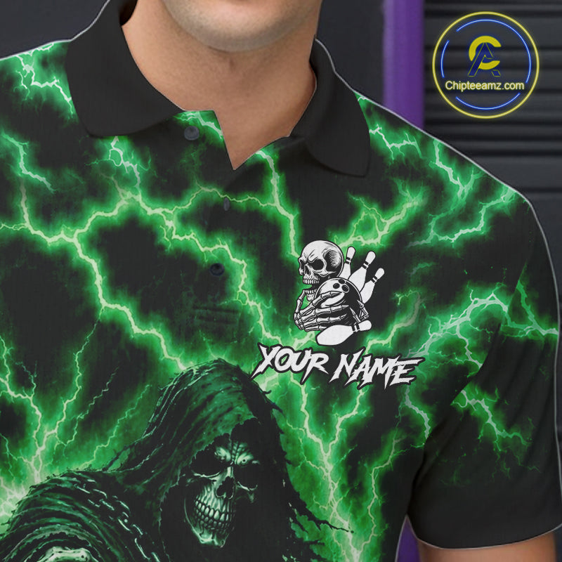 Custom Green Lightning Grim Reaper Bowling Shirts For Men, Bowling Team Jersey Polo & 1/4 Zip TDM7495