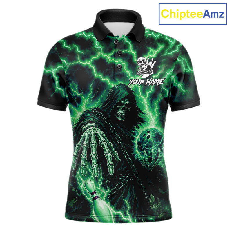 Custom Green Lightning Grim Reaper Bowling Shirts For Men, Bowling Team Jersey Polo & 1/4 Zip TDM7495
