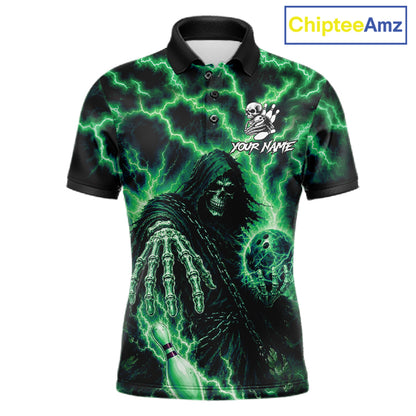 Custom Green Lightning Grim Reaper Bowling Shirts For Men, Bowling Team Jersey Polo & 1/4 Zip TDM7495