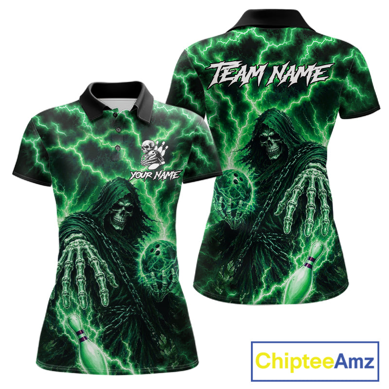 Custom Green Lightning Grim Reaper Bowling Shirts For Women, Bowling Team Jersey Polo & 1/4 Zip TDM7495