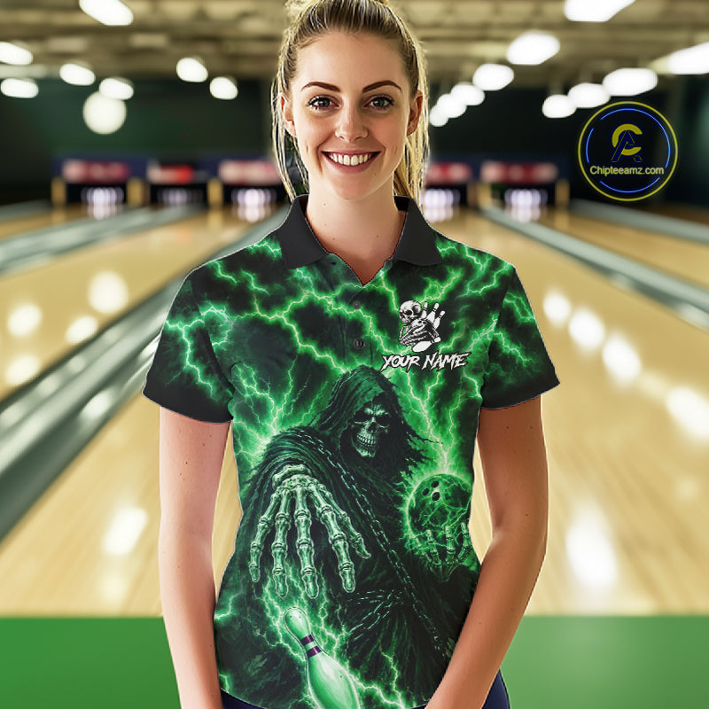 Custom Green Lightning Grim Reaper Bowling Shirts For Women, Bowling Team Jersey Polo & 1/4 Zip TDM7495