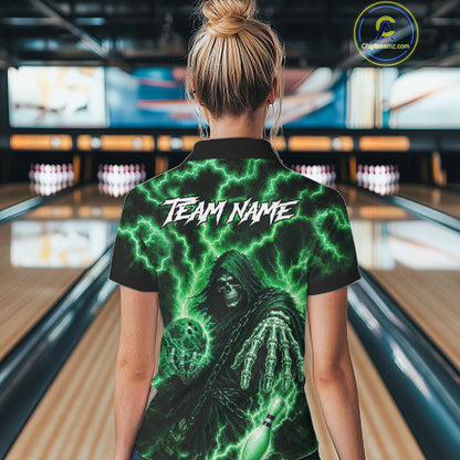 Custom Green Lightning Grim Reaper Bowling Shirts For Women, Bowling Team Jersey Polo & 1/4 Zip TDM7495