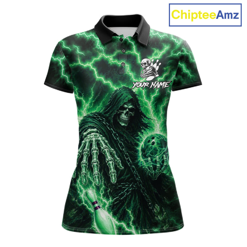 Custom Green Lightning Grim Reaper Bowling Shirts For Women, Bowling Team Jersey Polo & 1/4 Zip TDM7495