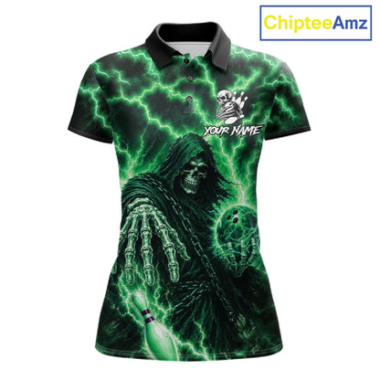Custom Green Lightning Grim Reaper Bowling Shirts For Women, Bowling Team Jersey Polo & 1/4 Zip TDM7495