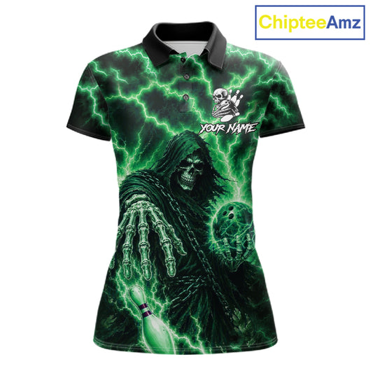 Custom Green Lightning Grim Reaper Bowling Shirts For Women, Bowling Team Jersey Polo & 1/4 Zip TDM7495
