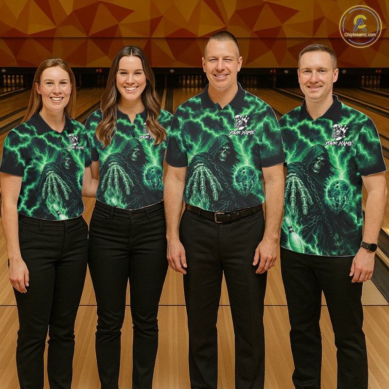 Custom Green Lightning Grim Reaper Bowling Shirts For Women, Bowling Team Jersey Polo & 1/4 Zip TDM7495