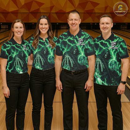 Custom Green Lightning Grim Reaper Bowling Shirts For Women, Bowling Team Jersey Polo & 1/4 Zip TDM7495