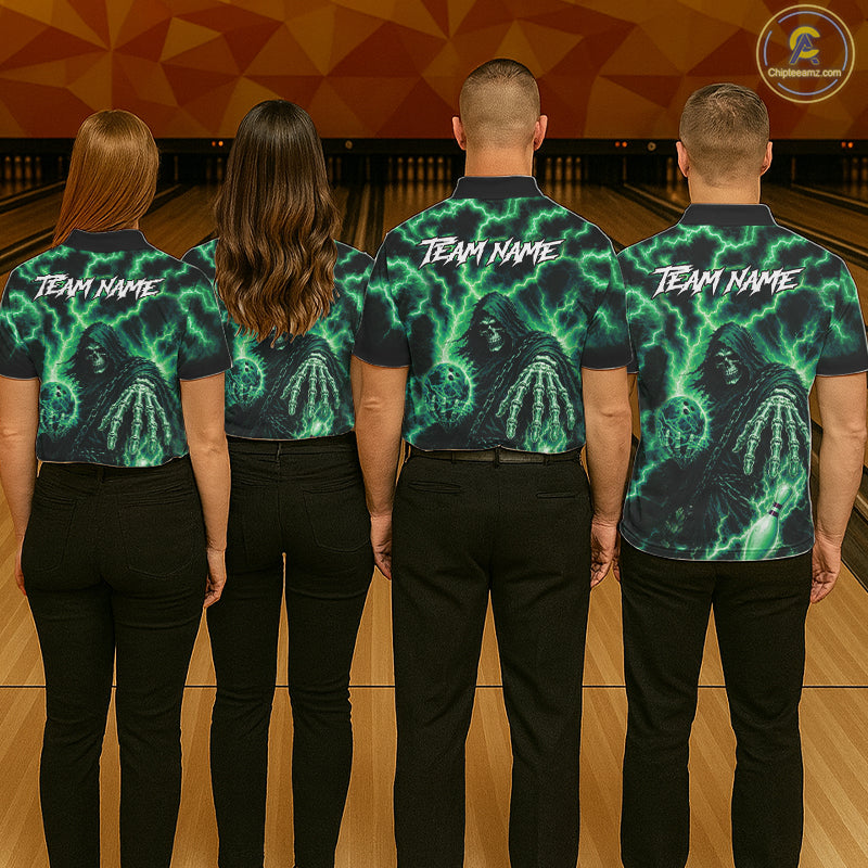 Custom Green Lightning Grim Reaper Bowling Shirts For Women, Bowling Team Jersey Polo & 1/4 Zip TDM7495