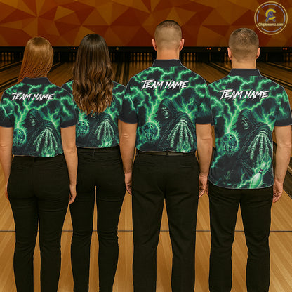 Custom Green Lightning Grim Reaper Bowling Shirts For Women, Bowling Team Jersey Polo & 1/4 Zip TDM7495