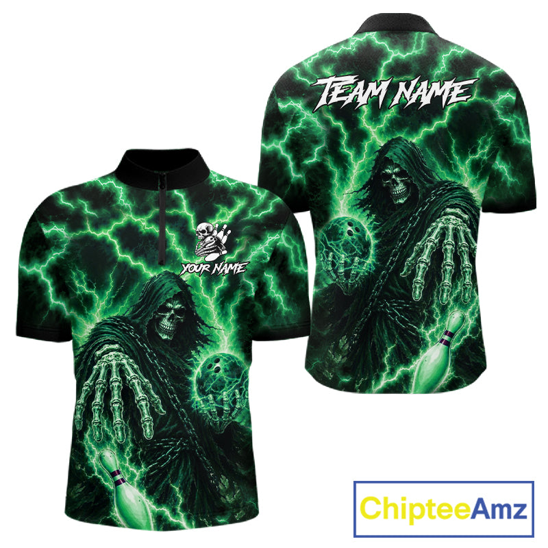 Custom Green Lightning Grim Reaper Bowling Shirts For Men, Bowling Team Jersey Polo & 1/4 Zip TDM7495