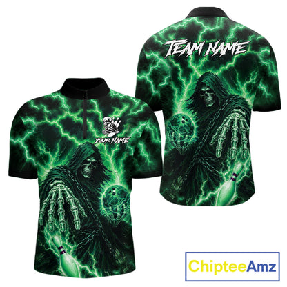 Custom Green Lightning Grim Reaper Bowling Shirts For Men, Bowling Team Jersey Polo & 1/4 Zip TDM7495