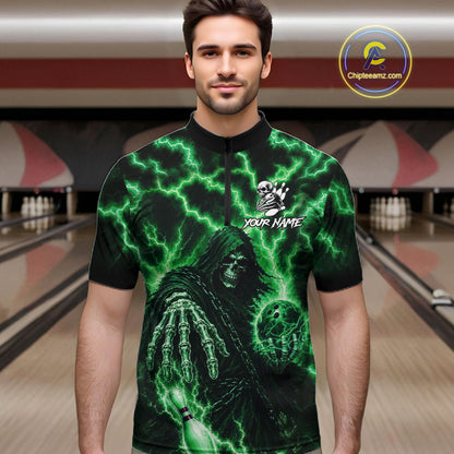 Custom Green Lightning Grim Reaper Bowling Shirts For Men, Bowling Team Jersey Polo & 1/4 Zip TDM7495