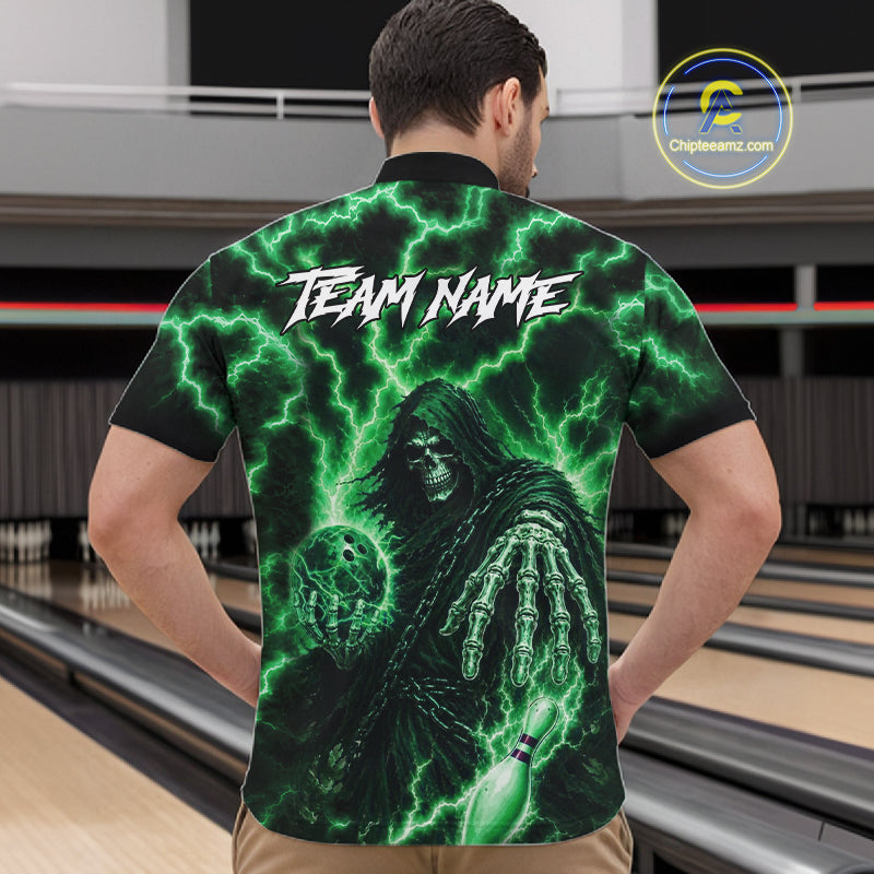 Custom Green Lightning Grim Reaper Bowling Shirts For Men, Bowling Team Jersey Polo & 1/4 Zip TDM7495