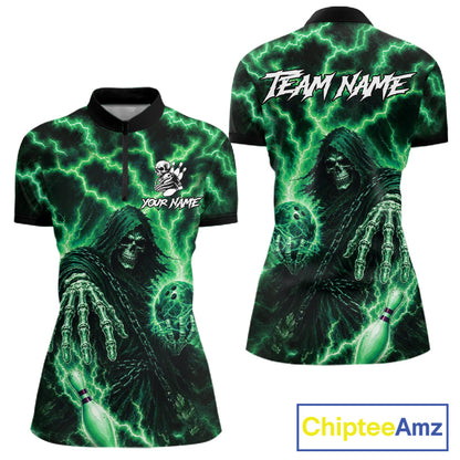Custom Green Lightning Grim Reaper Bowling Shirts For Women, Bowling Team Jersey Polo & 1/4 Zip TDM7495