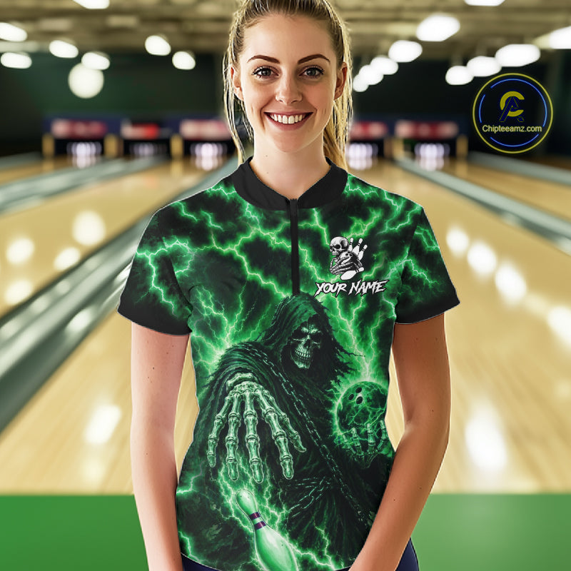 Custom Green Lightning Grim Reaper Bowling Shirts For Women, Bowling Team Jersey Polo & 1/4 Zip TDM7495