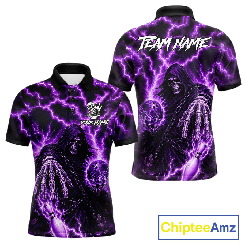 Custom Purple Lightning Grim Reaper Bowling Shirts For Men, Bowling Team Jersey Polo & 1/4 Zip TDM7496