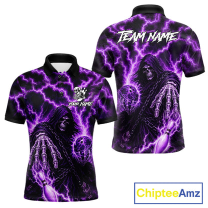 Custom Purple Lightning Grim Reaper Bowling Shirts For Men, Bowling Team Jersey Polo & 1/4 Zip TDM7496