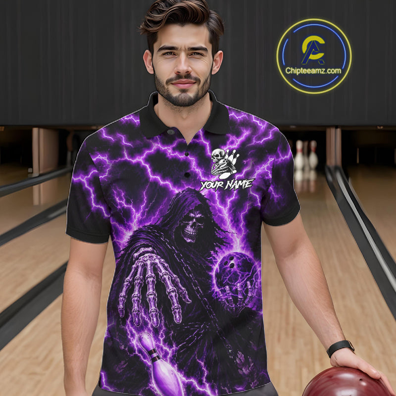 Custom Purple Lightning Grim Reaper Bowling Shirts For Men, Bowling Team Jersey Polo & 1/4 Zip TDM7496