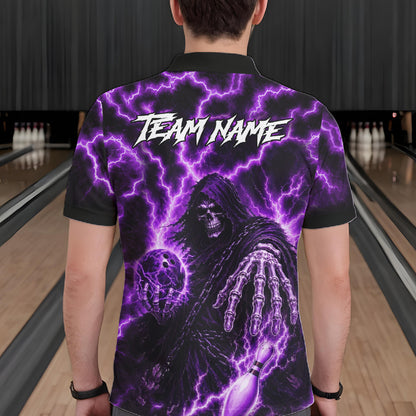 Custom Purple Lightning Grim Reaper Bowling Shirts For Men, Bowling Team Jersey Polo & 1/4 Zip TDM7496