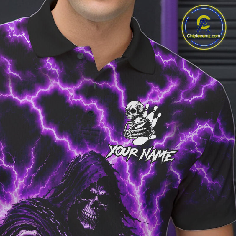 Custom Purple Lightning Grim Reaper Bowling Shirts For Men, Bowling Team Jersey Polo & 1/4 Zip TDM7496