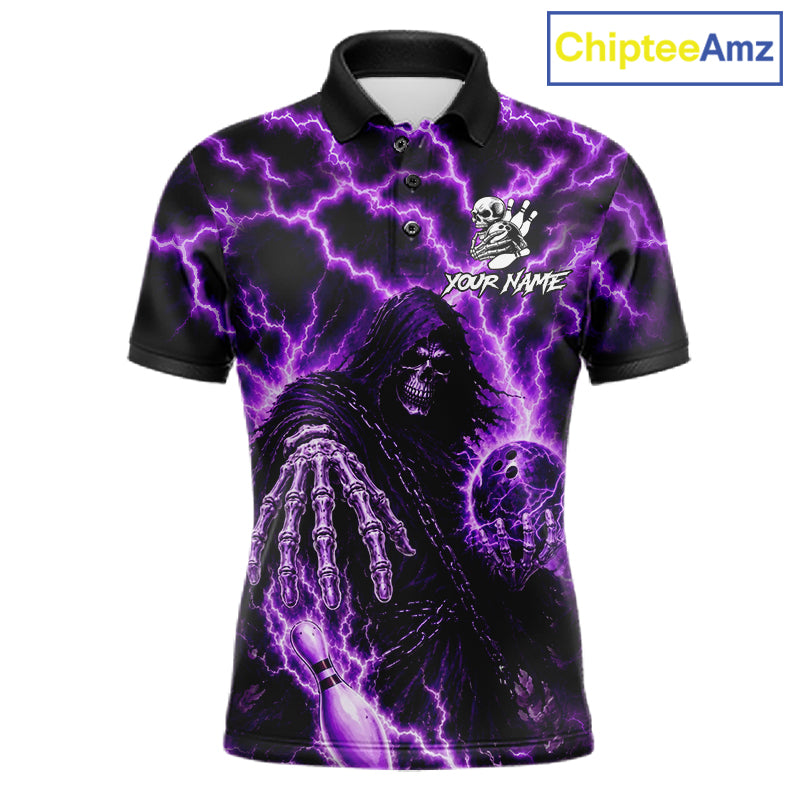 Custom Purple Lightning Grim Reaper Bowling Shirts For Men, Bowling Team Jersey Polo & 1/4 Zip TDM7496