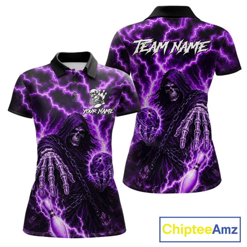Custom Purple Lightning Grim Reaper Bowling Shirts For Women, Bowling Team Jersey Polo & 1/4 Zip TDM7496