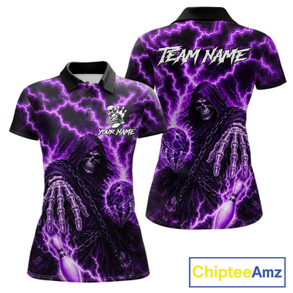 Custom Purple Lightning Grim Reaper Bowling Shirts For Women, Bowling Team Jersey Polo & 1/4 Zip TDM7496