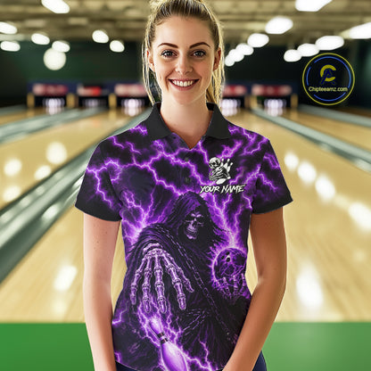 Custom Purple Lightning Grim Reaper Bowling Shirts For Women, Bowling Team Jersey Polo & 1/4 Zip TDM7496