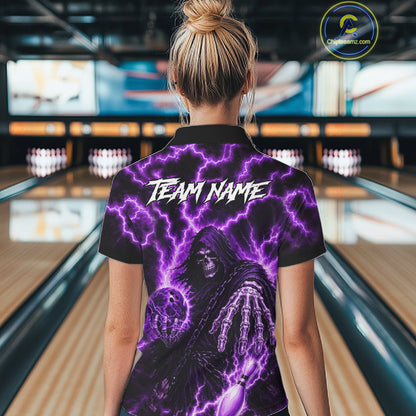 Custom Purple Lightning Grim Reaper Bowling Shirts For Women, Bowling Team Jersey Polo & 1/4 Zip TDM7496
