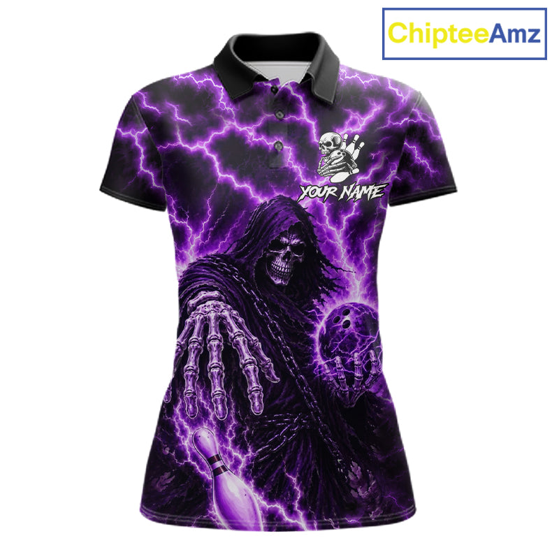 Custom Purple Lightning Grim Reaper Bowling Shirts For Women, Bowling Team Jersey Polo & 1/4 Zip TDM7496