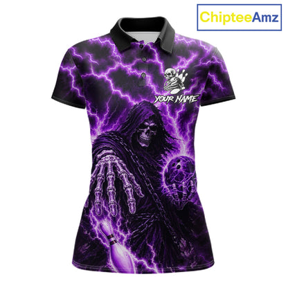 Custom Purple Lightning Grim Reaper Bowling Shirts For Women, Bowling Team Jersey Polo & 1/4 Zip TDM7496
