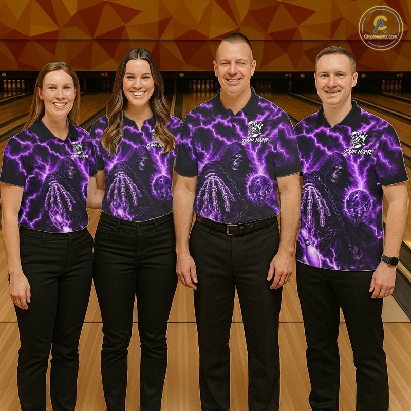 Custom Purple Lightning Grim Reaper Bowling Shirts For Women, Bowling Team Jersey Polo & 1/4 Zip TDM7496