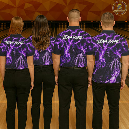 Custom Purple Lightning Grim Reaper Bowling Shirts For Women, Bowling Team Jersey Polo & 1/4 Zip TDM7496