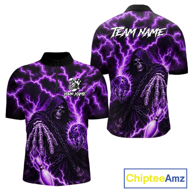 Custom Purple Lightning Grim Reaper Bowling Shirts For Men, Bowling Team Jersey Polo & 1/4 Zip TDM7496