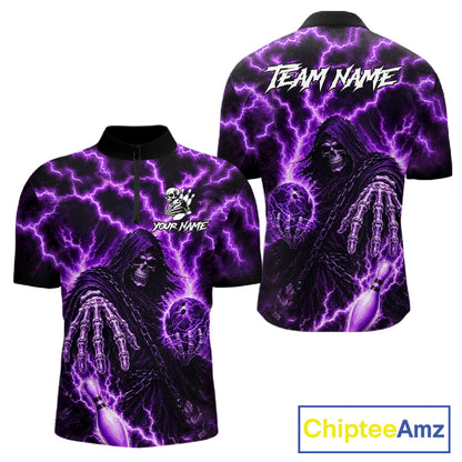 Custom Purple Lightning Grim Reaper Bowling Shirts For Men, Bowling Team Jersey Polo & 1/4 Zip TDM7496