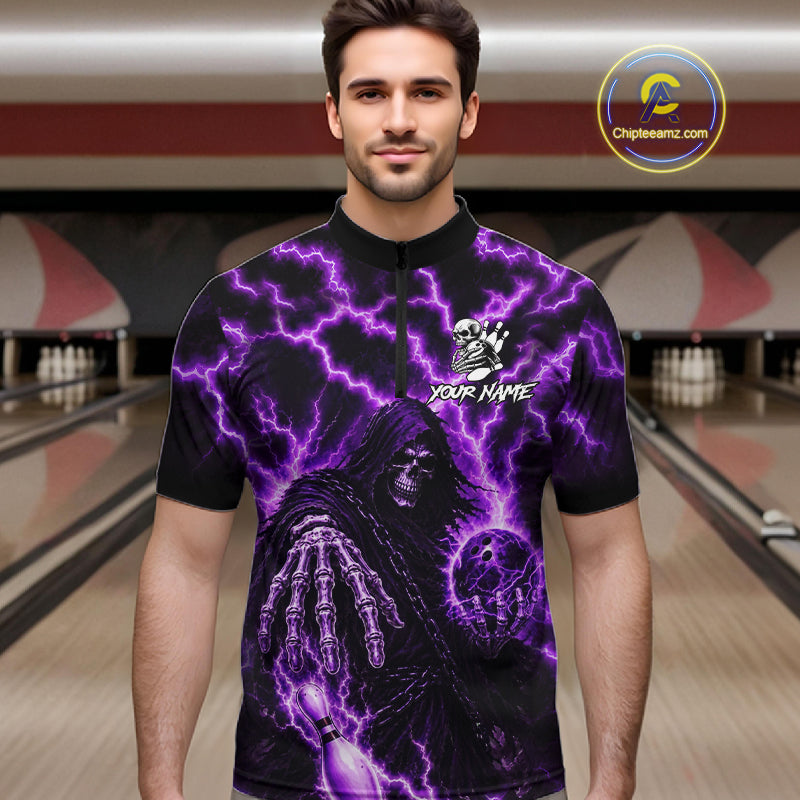 Custom Purple Lightning Grim Reaper Bowling Shirts For Men, Bowling Team Jersey Polo & 1/4 Zip TDM7496
