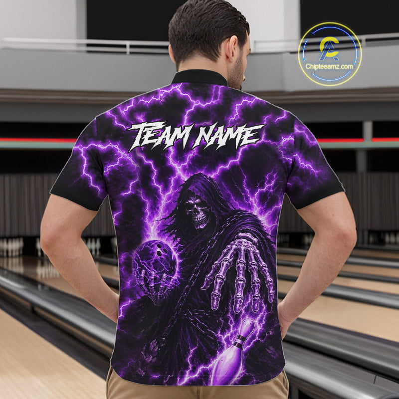 Custom Purple Lightning Grim Reaper Bowling Shirts For Men, Bowling Team Jersey Polo & 1/4 Zip TDM7496