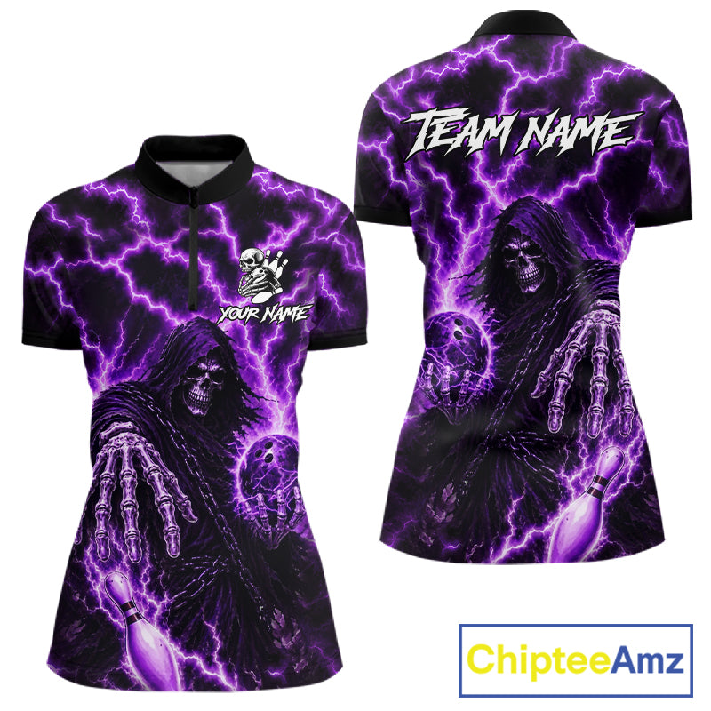 Custom Purple Lightning Grim Reaper Bowling Shirts For Women, Bowling Team Jersey Polo & 1/4 Zip TDM7496