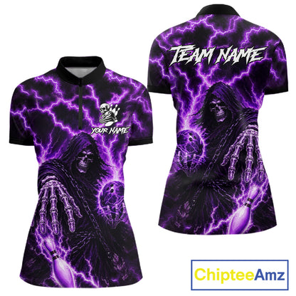 Custom Purple Lightning Grim Reaper Bowling Shirts For Women, Bowling Team Jersey Polo & 1/4 Zip TDM7496